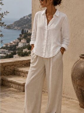Cloth & Stone 100% Linen White Button Down Shirt L Relaxed Collared Long Sleeve
